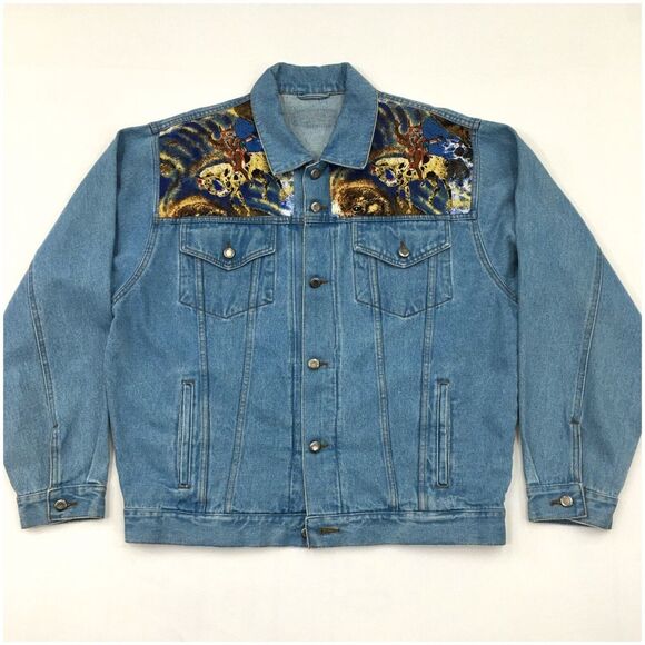 WRANGLER‎ Denim Jacket Mens Size 2XL Blue Indian Chief Native Hip Hop - Picture 2 of 8